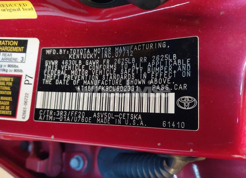 Photo 9 of 2012 Toyota Camry SE (VIN 4T1BF1FK9CU602331)