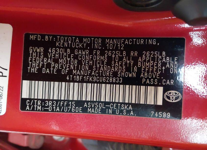 Photo 9 of 2012 Toyota Camry SE (VIN 4T1BF1FK9CU628833)