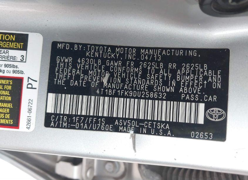 Photo 9 of 2013 Toyota Camry SE (VIN 4T1BF1FK9DU258632)