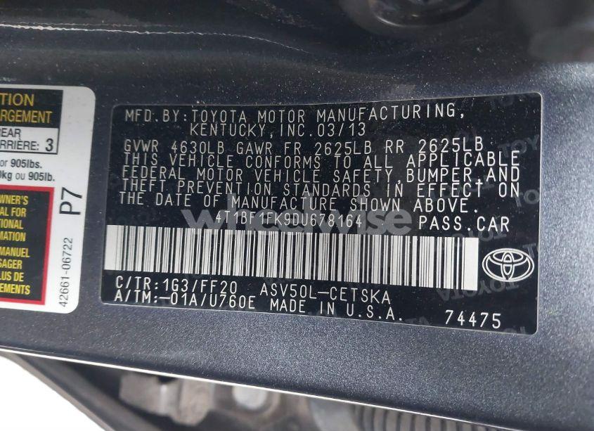 Photo 9 of 2013 Toyota Camry SE (VIN 4T1BF1FK9DU678164)
