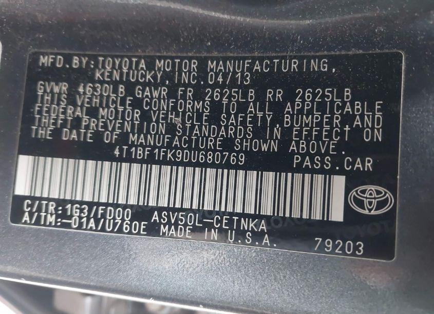 Photo 9 of 2013 Toyota Camry LE (VIN 4T1BF1FK9DU680769)