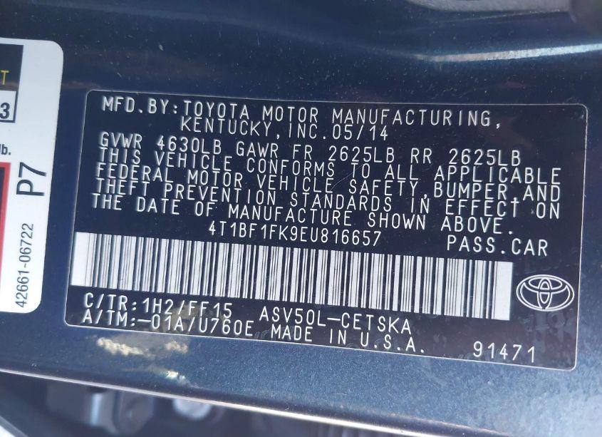 Photo 9 of 2014 Toyota Camry SE (VIN 4T1BF1FK9EU816657)