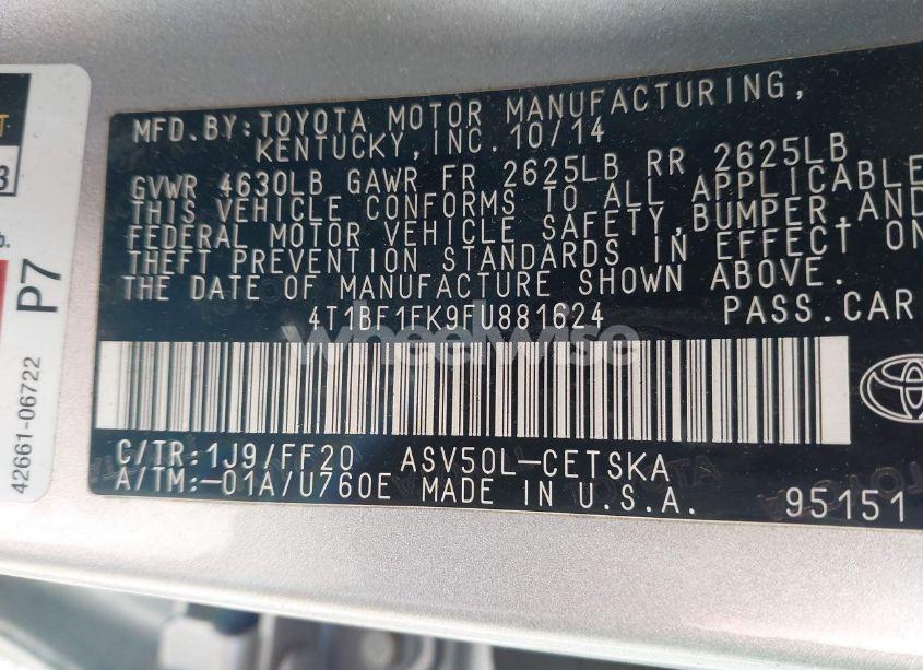 Photo 9 of 2015 Toyota Camry SE (VIN 4T1BF1FK9FU881624)