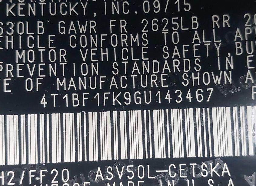 Photo 9 of 2016 Toyota Camry SE (VIN 4T1BF1FK9GU143467)