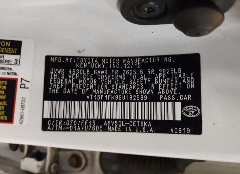 Photo 9 of 2016 Toyota Camry SE (VIN 4T1BF1FK9GU182589)