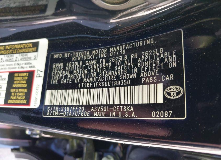 Photo 9 of 2016 Toyota Camry SE (VIN 4T1BF1FK9GU189350)