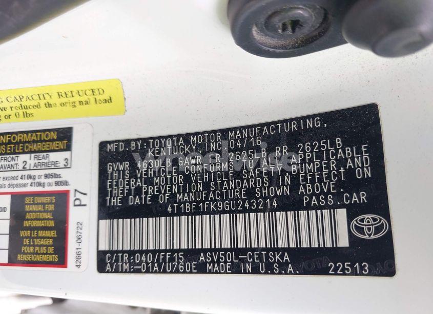 Photo 9 of 2016 Toyota Camry SE (VIN 4T1BF1FK9GU243214)