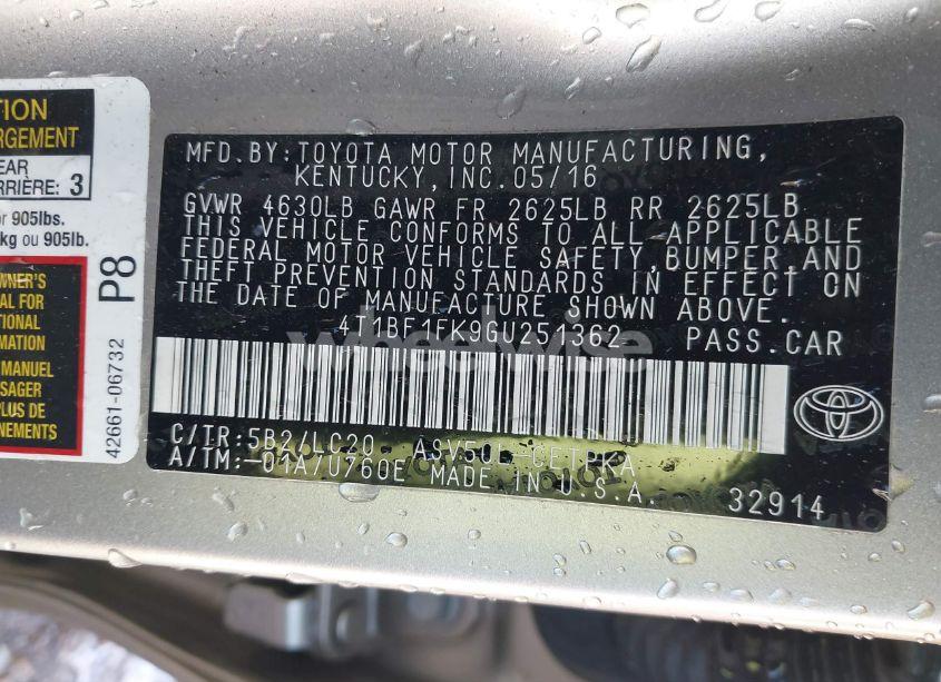 Photo 9 of 2016 Toyota Camry XSE (VIN 4T1BF1FK9GU251362)