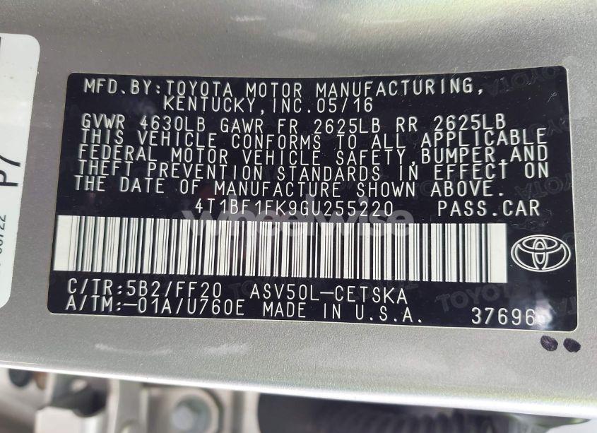 Photo 9 of 2016 Toyota Camry SE (VIN 4T1BF1FK9GU255220)