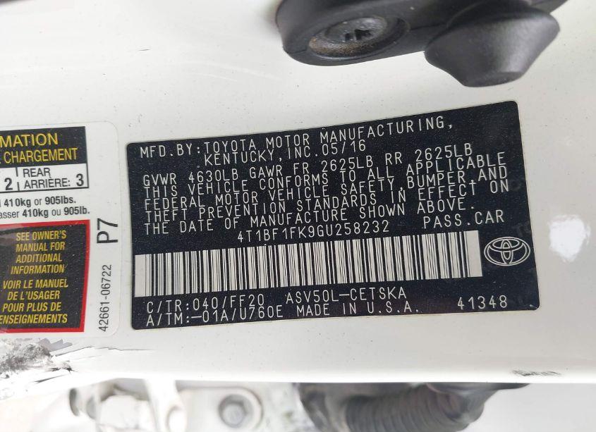 Photo 9 of 2016 Toyota Camry SE (VIN 4T1BF1FK9GU258232)