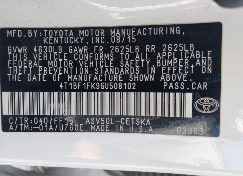 Photo 9 of 2016 Toyota Camry SE (VIN 4T1BF1FK9GU508102)