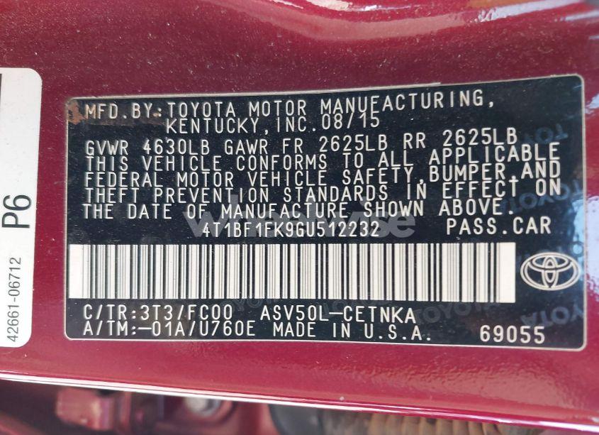 Photo 9 of 2016 Toyota Camry LE (VIN 4T1BF1FK9GU512232)