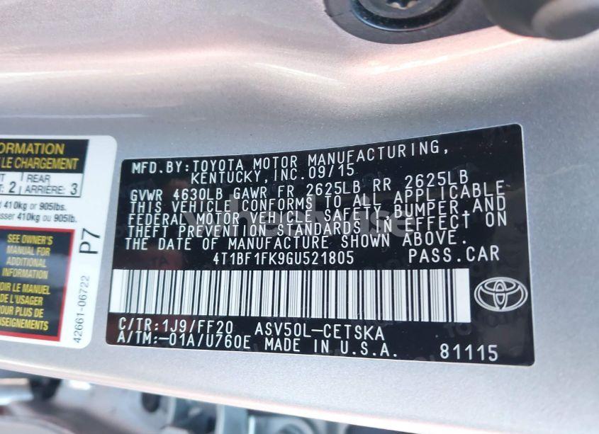 Photo 9 of 2016 Toyota Camry SE (VIN 4T1BF1FK9GU521805)