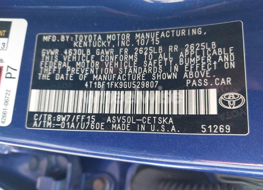 Photo 9 of 2016 Toyota Camry SE (VIN 4T1BF1FK9GU529807)