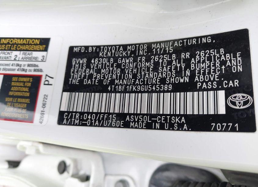 Photo 9 of 2016 Toyota Camry SE (VIN 4T1BF1FK9GU545389)