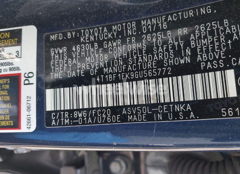 Photo 9 of 2016 Toyota Camry LE (VIN 4T1BF1FK9GU565772)