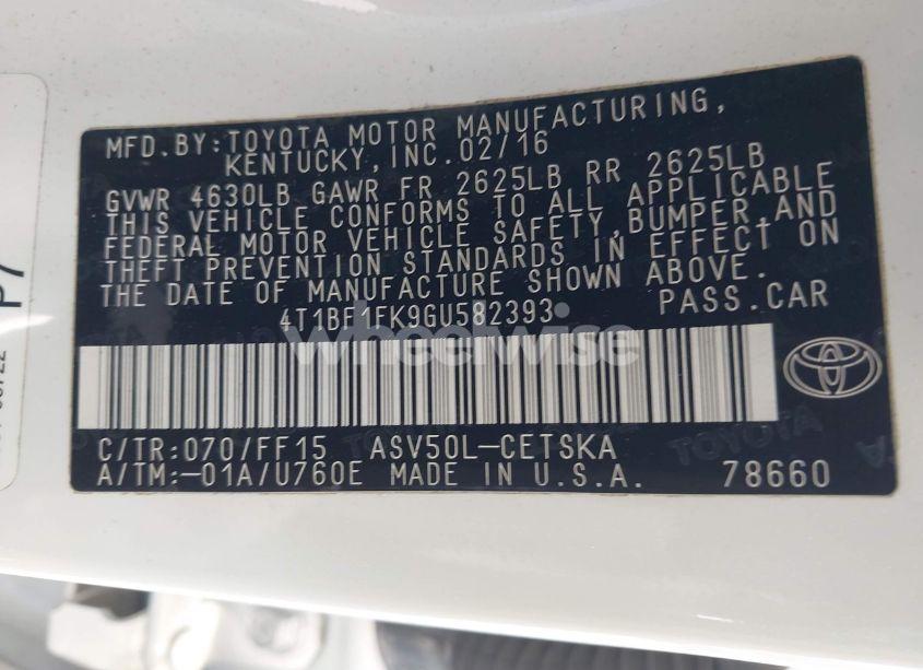 Photo 9 of 2016 Toyota Camry SE (VIN 4T1BF1FK9GU582393)