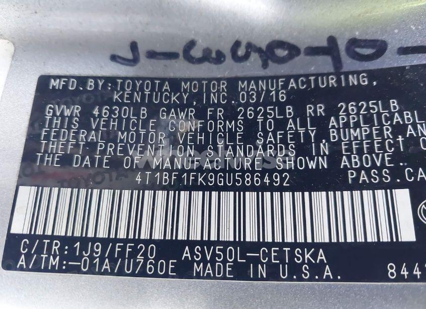 Photo 9 of 2016 Toyota Camry SE (VIN 4T1BF1FK9GU586492)