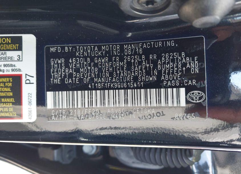 Photo 9 of 2016 Toyota Camry SE (VIN 4T1BF1FK9GU615411)