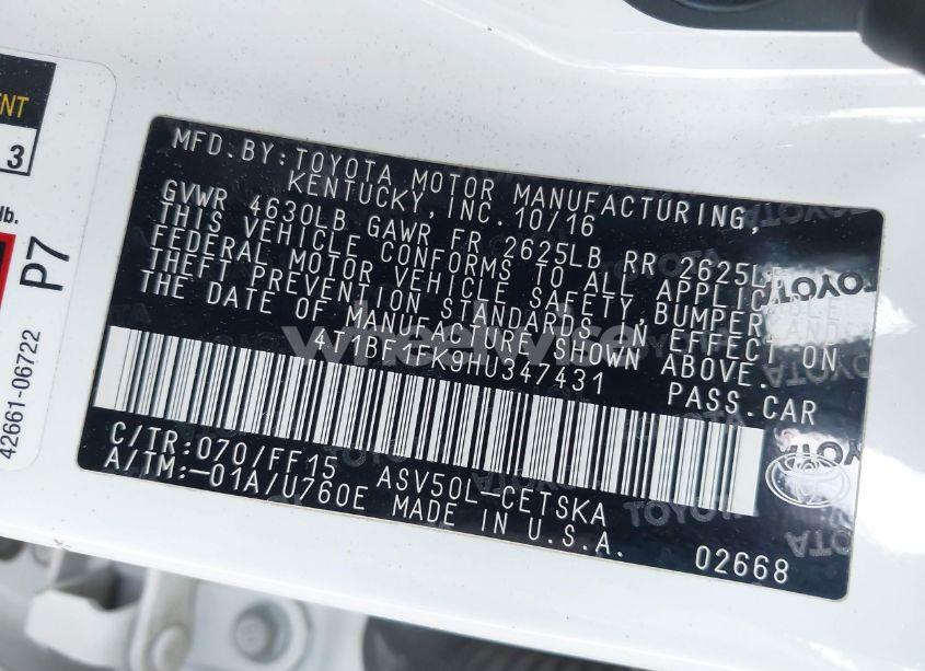 Photo 9 of 2017 Toyota Camry SE (VIN 4T1BF1FK9HU347431)