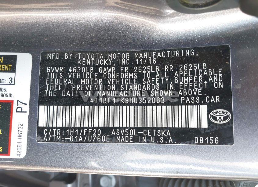 Photo 9 of 2017 Toyota Camry SE (VIN 4T1BF1FK9HU352063)