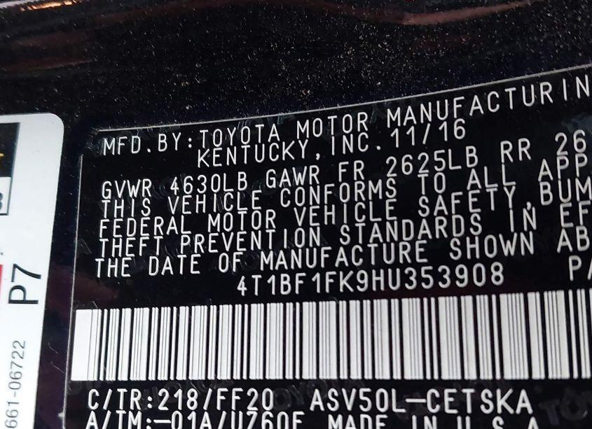 Photo 9 of 2017 Toyota Camry SE (VIN 4T1BF1FK9HU353908)