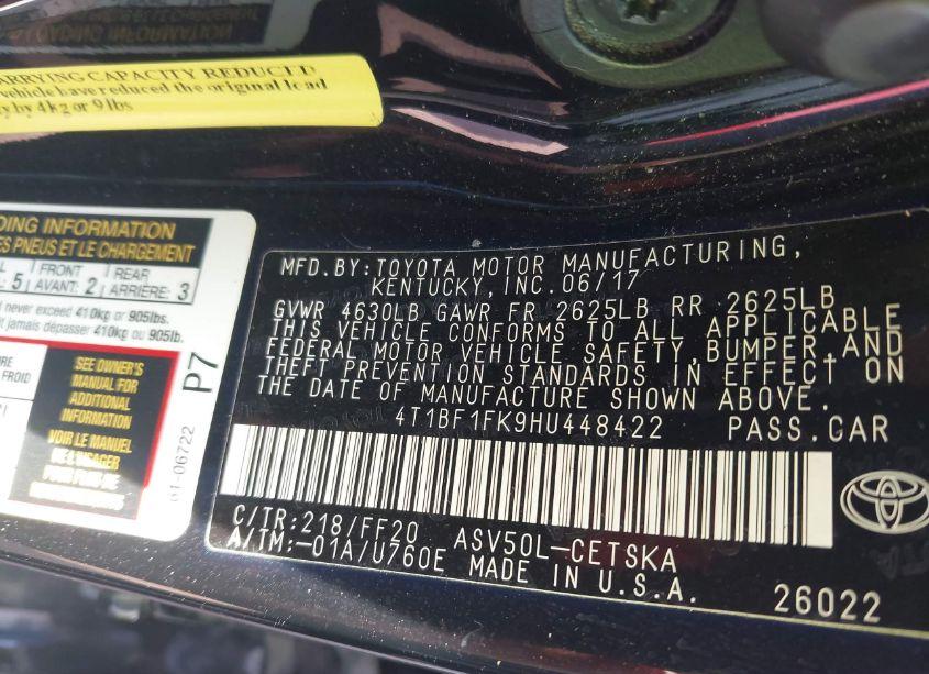 Photo 9 of 2017 Toyota Camry SE (VIN 4T1BF1FK9HU448422)