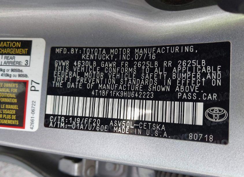 Photo 9 of 2017 Toyota Camry SE (VIN 4T1BF1FK9HU642223)