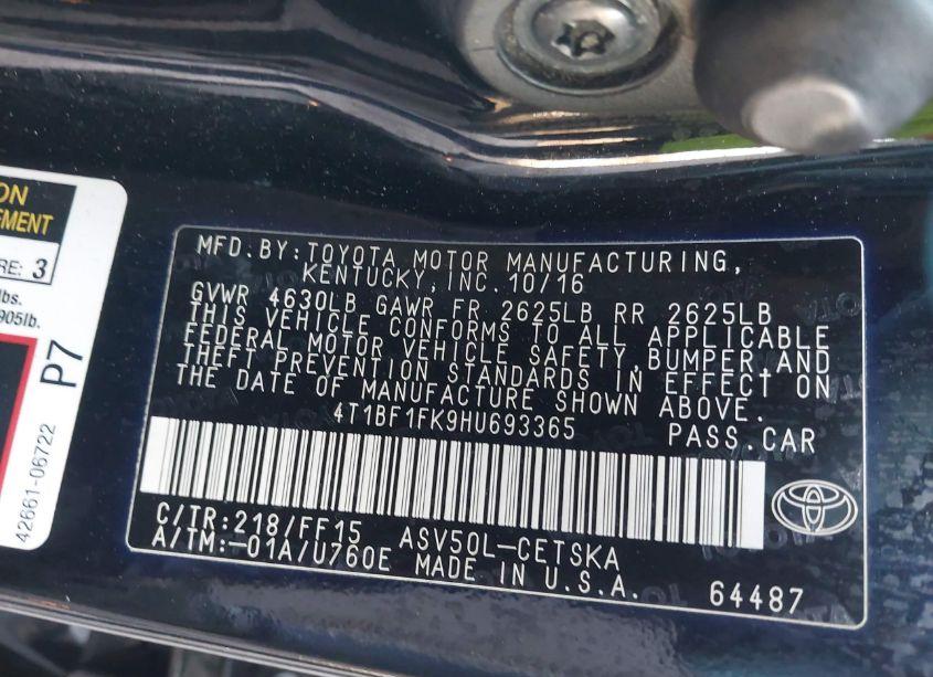 Photo 9 of 2017 Toyota Camry SE (VIN 4T1BF1FK9HU693365)