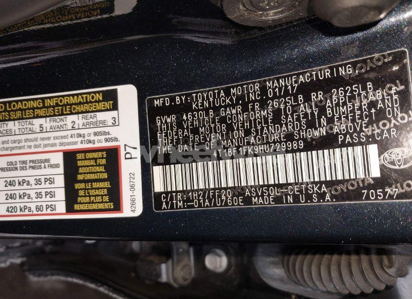 Photo 9 of 2017 Toyota Camry SE (VIN 4T1BF1FK9HU729989)