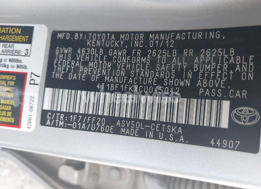 Photo 9 of 2012 Toyota Camry SE (VIN 4T1BF1FKXCU045042)
