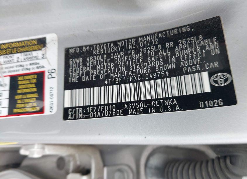 Photo 9 of 2012 Toyota Camry LE (VIN 4T1BF1FKXCU049754)