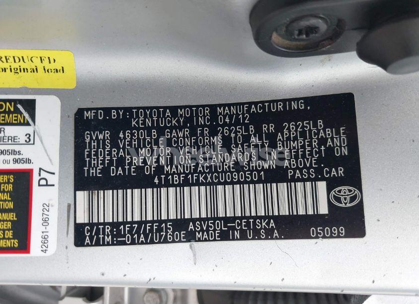 Photo 9 of 2012 Toyota Camry SE (VIN 4T1BF1FKXCU090501)