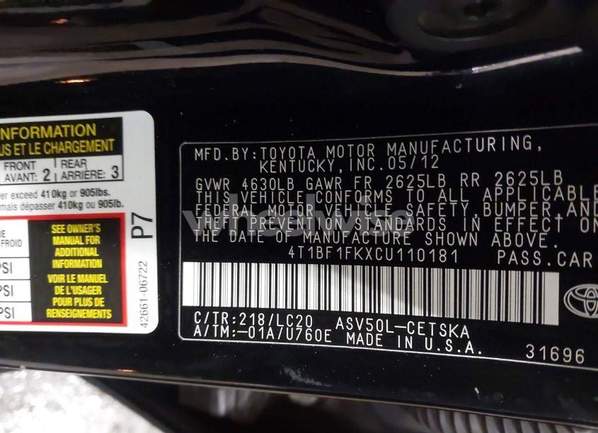 Photo 9 of 2012 Toyota Camry SE (VIN 4T1BF1FKXCU110181)