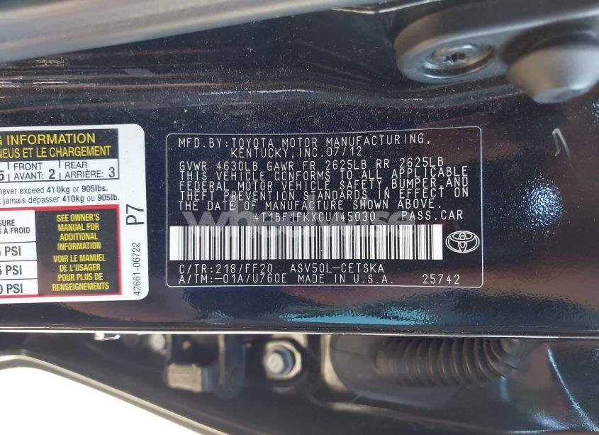 Photo 9 of 2012 Toyota Camry SE (VIN 4T1BF1FKXCU145030)