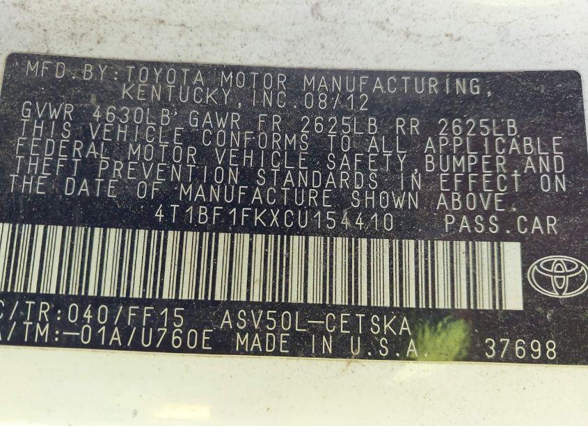 Photo 9 of 2012 Toyota Camry SE (VIN 4T1BF1FKXCU154410)