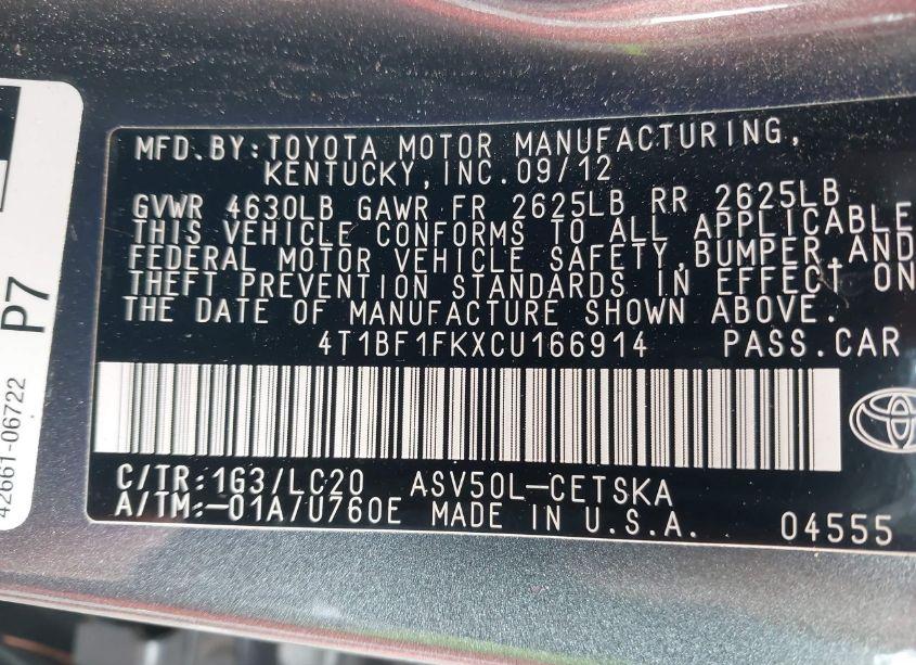 Photo 9 of 2012 Toyota Camry SE (VIN 4T1BF1FKXCU166914)