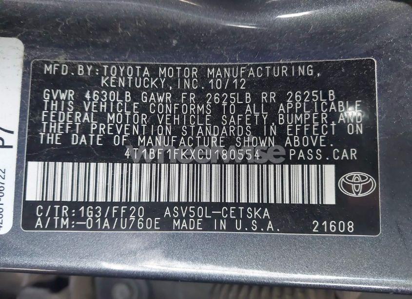 Photo 9 of 2012 Toyota Camry SE (VIN 4T1BF1FKXCU180554)