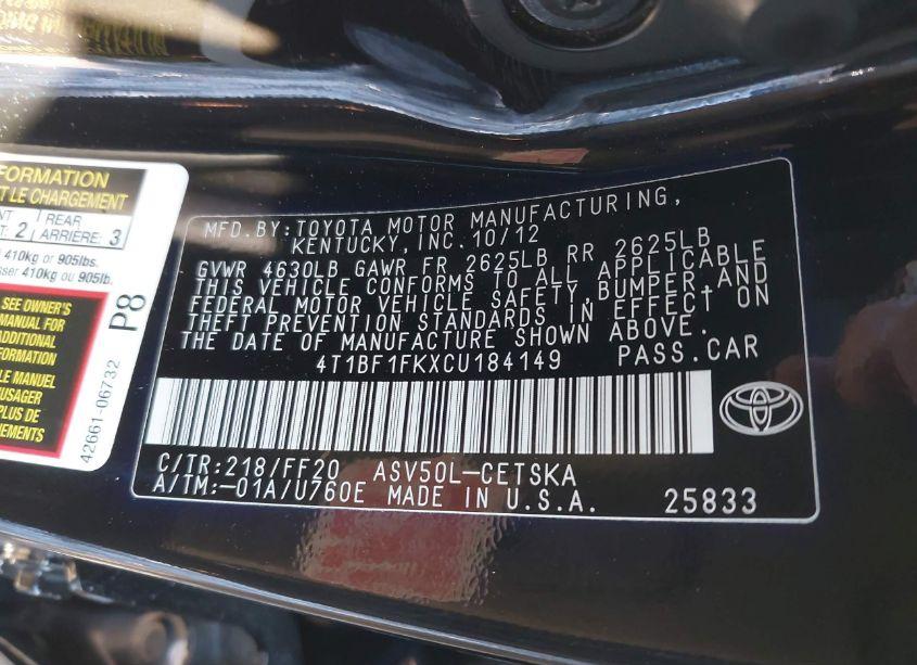 Photo 9 of 2012 Toyota Camry SE LIMITED EDITION (VIN 4T1BF1FKXCU184149)