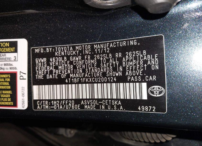 Photo 9 of 2012 Toyota Camry SE (VIN 4T1BF1FKXCU200124)