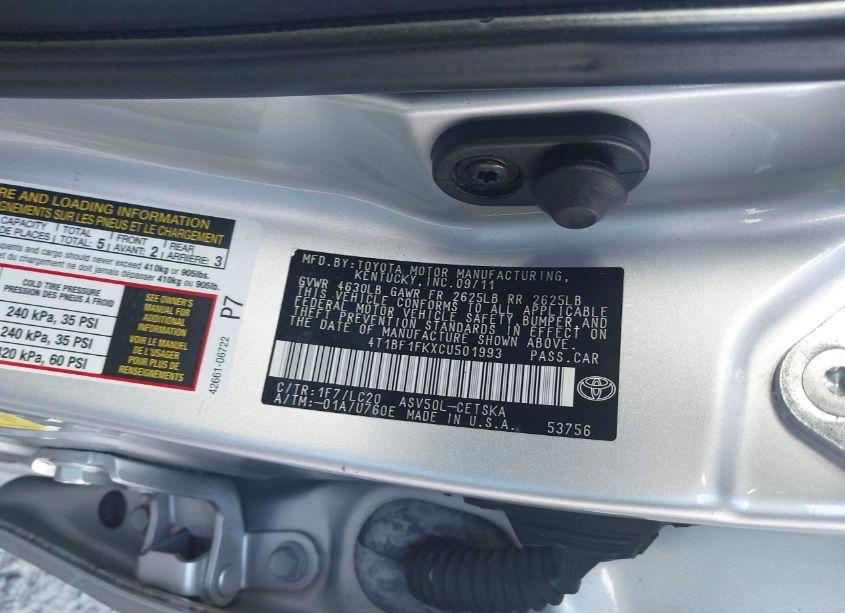 Photo 9 of 2012 Toyota Camry SE (VIN 4T1BF1FKXCU501993)