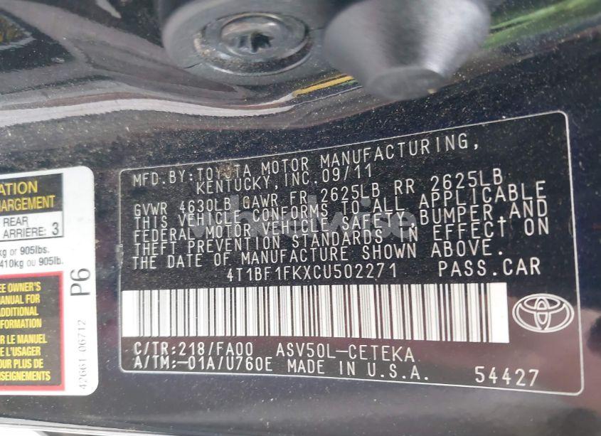 Photo 9 of 2012 Toyota Camry L (VIN 4T1BF1FKXCU502271)