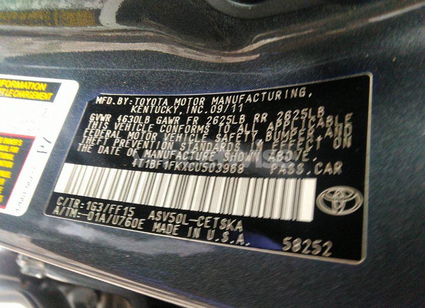 Photo 9 of 2012 Toyota Camry SE (VIN 4T1BF1FKXCU503968)
