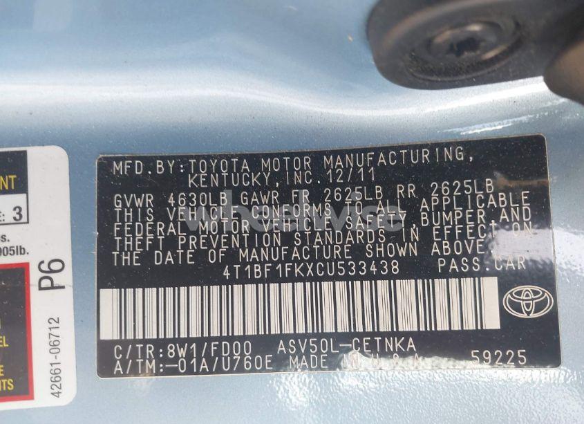 Photo 9 of 2012 Toyota Camry LE (VIN 4T1BF1FKXCU533438)