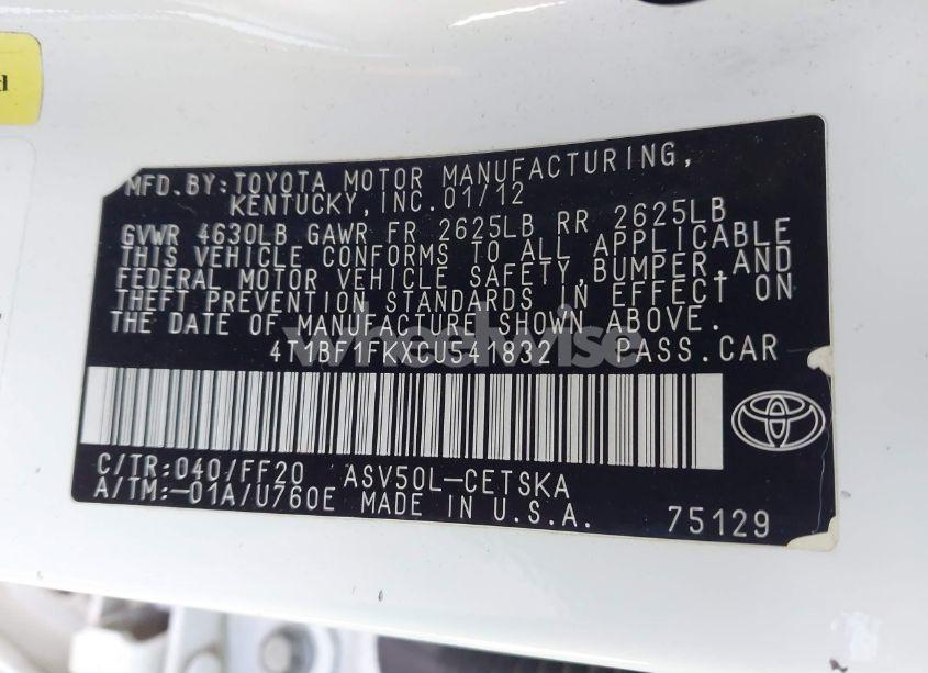 Photo 9 of 2012 Toyota Camry SE (VIN 4T1BF1FKXCU541832)