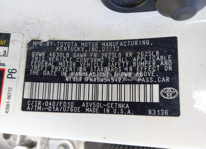 Photo 9 of 2012 Toyota Camry LE (VIN 4T1BF1FKXCU545427)