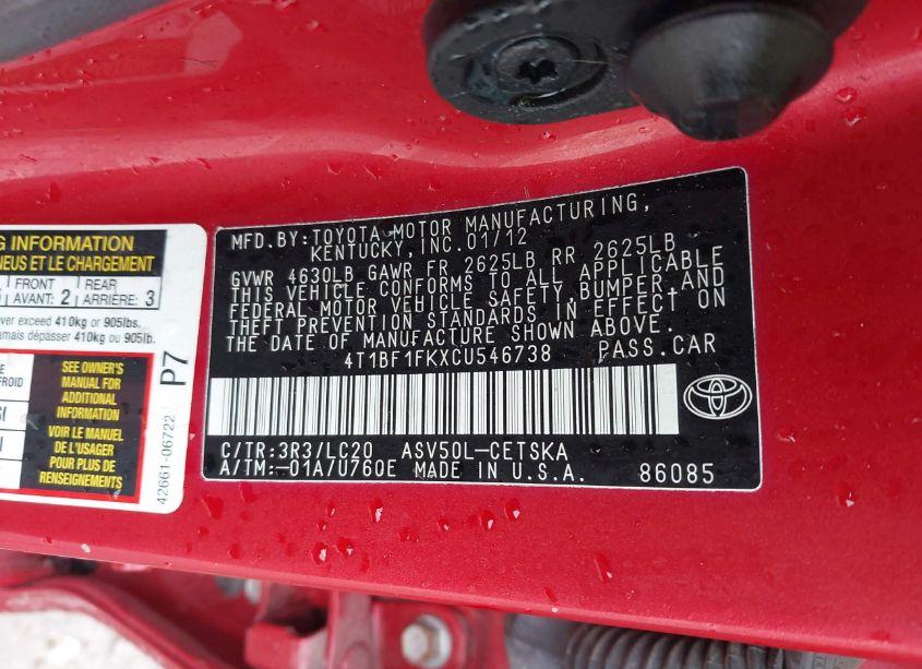 Photo 9 of 2012 Toyota Camry SE (VIN 4T1BF1FKXCU546738)