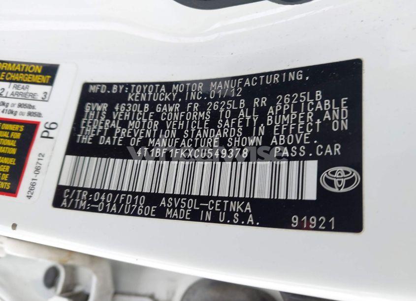 Photo 9 of 2012 Toyota Camry LE (VIN 4T1BF1FKXCU549378)