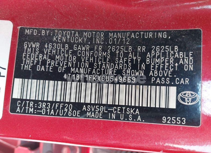 Photo 9 of 2012 Toyota Camry SE (VIN 4T1BF1FKXCU549669)