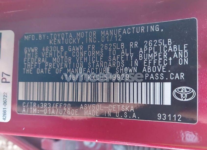 Photo 9 of 2012 Toyota Camry SE (VIN 4T1BF1FKXCU549929)